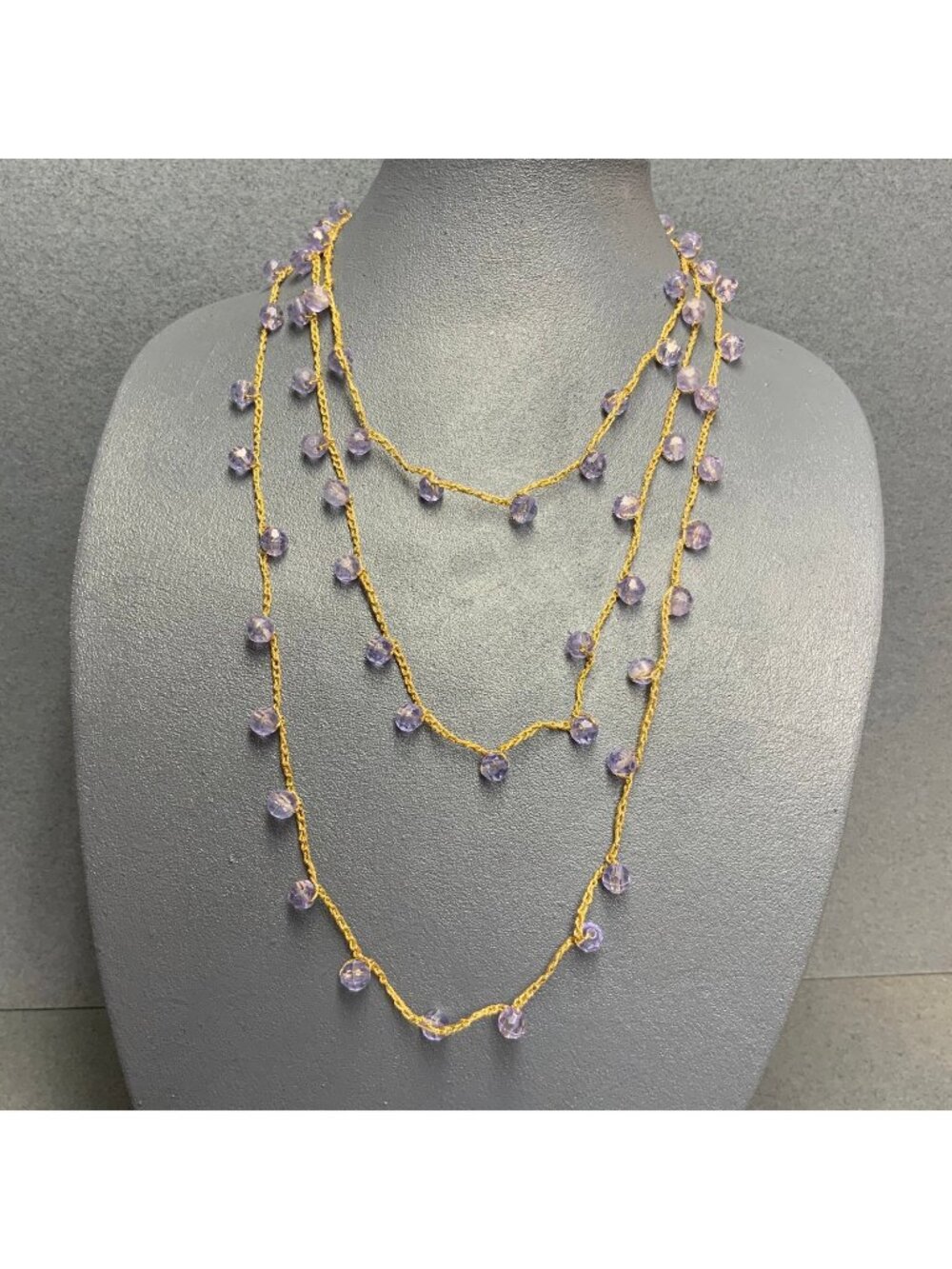 Retro Crochet Necklace 60 In Faceted Purple Bead Gold Handmade Hippie Festival